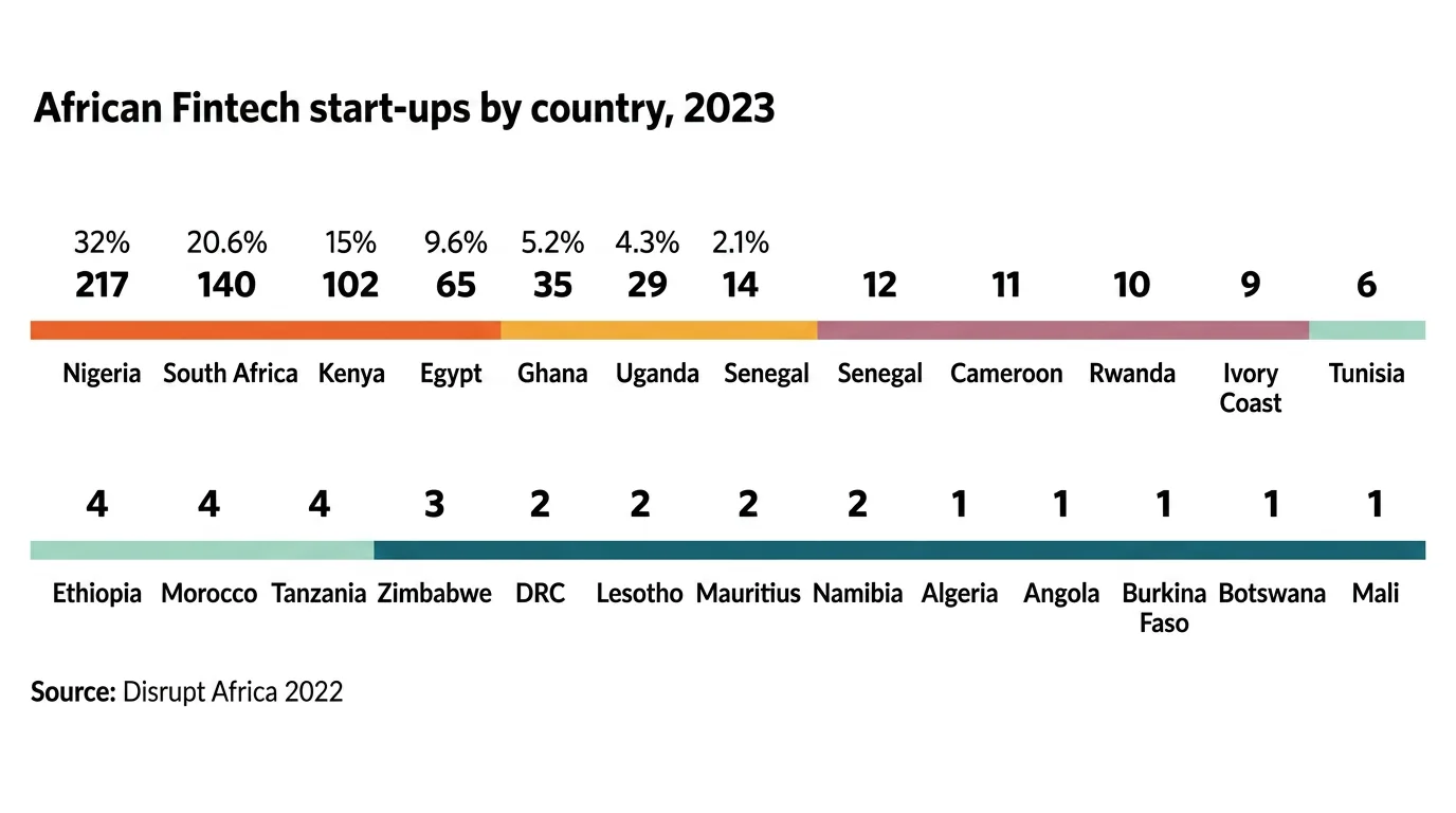 Chart showing African fintech start-ups by country in 2023, with Nigeria, South Africa and Kenya leading