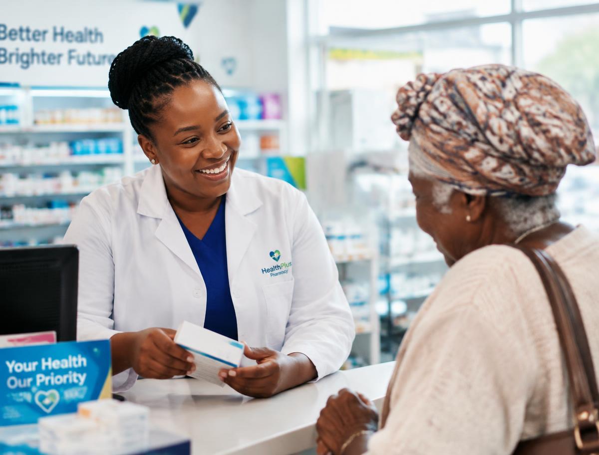 Smiling pharmacist helping an elderly customer at the pharmacy counter