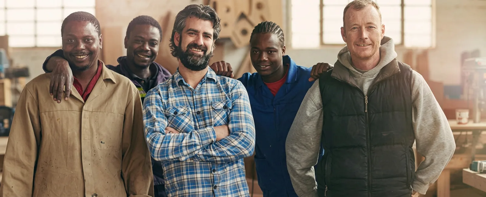 Group of diverse SME employees smiling together in a modern office